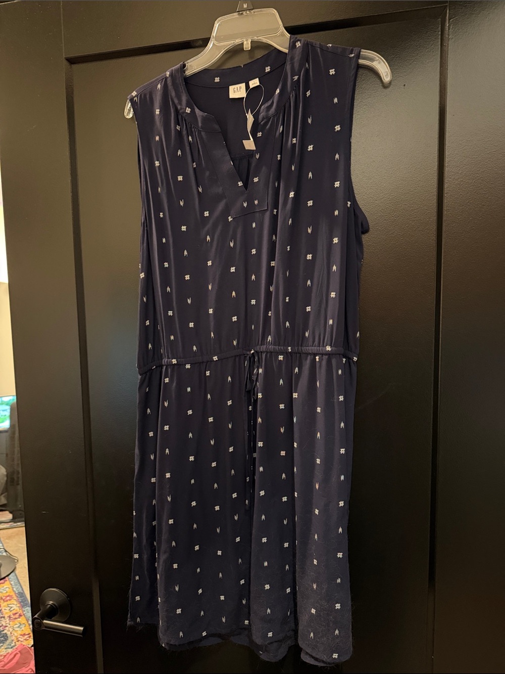 GAP Navy Sleeveless Drawstring Midi Dress with White Micro Print
